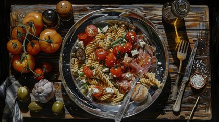 Wall Mural - Delicious pasta salad with fresh cherry tomatoes, herbs, and feta cheese served in a rustic setting. Ideal for authentic Italian cuisine visuals.