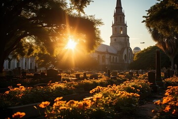 Wall Mural - São Miguel Church in Charleston with historical cemetery., generative IA