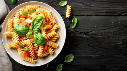 Wall Mural - Delicious fusilli pasta with fresh basil and tomato on dark wooden table. A perfect dish for an Italian meal with vibrant colors and flavors.