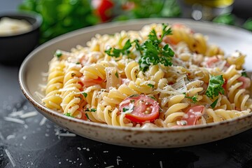 Wall Mural - Delicious rotini pasta salad with fresh tomatoes, parsley, and parmesan cheese served in a rustic bowl on a dark background.