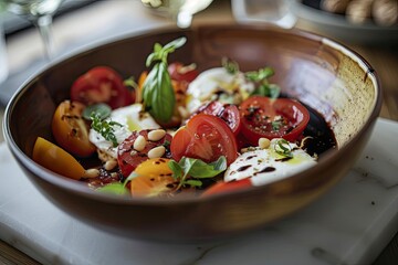 Wall Mural - Fresh tomato and mozzarella salad garnished with basil and pine nuts in a rustic bowl, perfect for a healthy meal or appetizing food imagery.