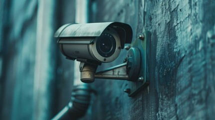 Poster - Close-up of a modern CCTV camera mounted on a wall, showcasing advanced home security technology and surveillance systems