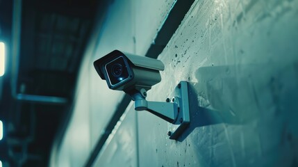 Poster - Close-up of a modern CCTV camera mounted on a wall, showcasing advanced home security technology and surveillance systems