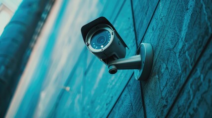 Poster - Close-up of a modern CCTV camera mounted on a wall, showcasing advanced home security technology and surveillance systems