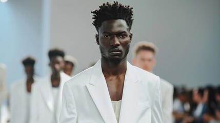 A male model with a serious expression walks the runway at a minimalist fashion show, wearing an all-white outfit