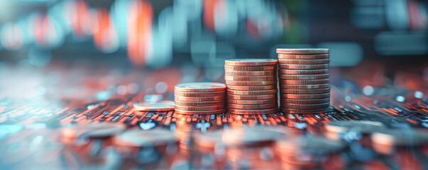 Banner of the piles of different coins on the dark bokeh background.