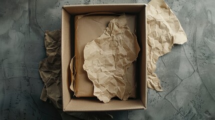 Wall Mural - Aged packaging box on gray backdrop with torn brown paper