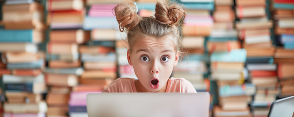Surprised child typing on laptop in a room with a lot of books. Back to school and knowledge concept.
