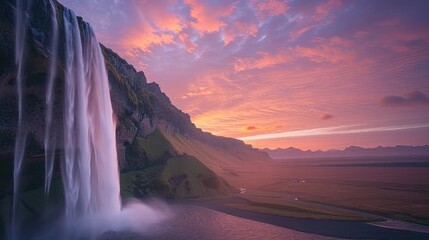 Wall Mural - A majestic waterfall at dawn, with the sky painted in soft hues of pink and orange