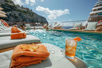 A refreshing orange drink and towels by the pool on a luxury cruise ship, with a scenic view of the ocean and rocky hills.