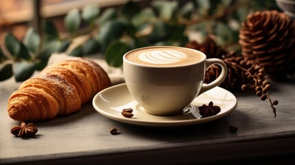 Wall Mural - Cozy Morning Coffee and Croissant Breakfast Setup