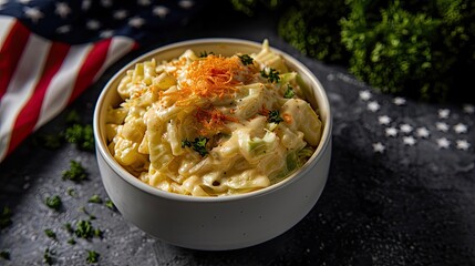 Wall Mural - A bowl of creamy macaroni and cheese garnished with herbs and shredded cheese, set against a dark background with greens.