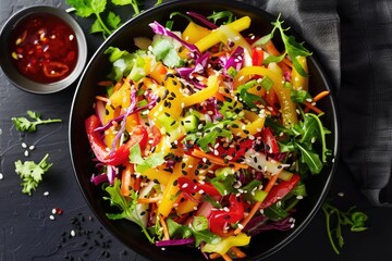 Wall Mural - Colorful fresh vegetable salad with bell peppers, red cabbage, arugula, and a bowl of spicy sauce on a black slate background.