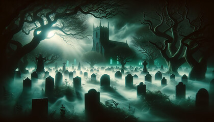 a foggy, moonlit cemetery with tombstones and leafless trees casting eerie shadows