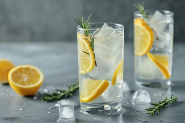 Wall Mural - Two glasses of lemonade with ice cubes and lemon slices