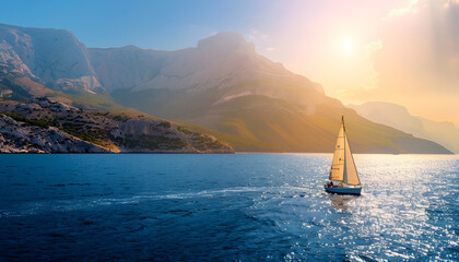 Wall Mural - Sailboat in the sea in the evening sunlight over beautiful big mountains background, luxury summer adventure