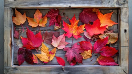 Canvas Print - Autumn leaves in red and orange arranged in wooden frame flat lay with room for text