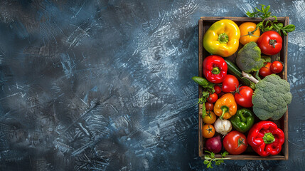 Wall Mural - Vegetables and fruits background. Top view of healthy food background with fruits. Frame of fresh vegetables and fruits. Healthy nutrition. Copy space area for text