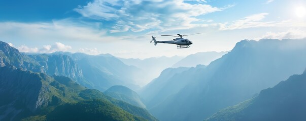 Helicopter flying over a mountain range, aerial adventure, scenic helicopter tours