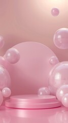 Poster - A pink podium sits on a pink surface, surrounded by multiple spheres of varying sizes. The spheres are floating in the air, creating a whimsical and elegant composition