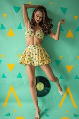 Wall Mural - A vertical collage photo of a nice pretty carefree gorgeous vintage woman dancing on a vinyl record disc isolated on blue