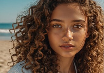 Woman with brown curly hair, very beautiful, with a small nose and full lips. she is on a beach.