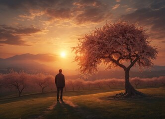 A man alone at sunset near a cherry tree