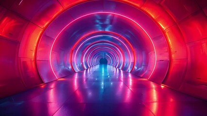 Poster - A photo of a brightly lit tunnel with a circular design, illuminated by neon lights in red and blue. The reflective surface creates a vibrant and futuristic atmosphere.