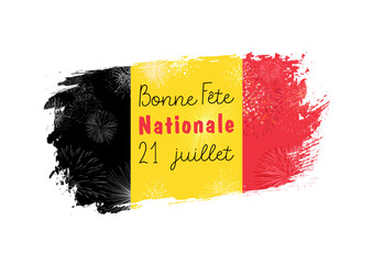 Wall Mural - Belgian National Day July 21 greeting card design. Brushing style flag of Belgium, fireworks backdrop with clipping mask, French concept. Isolated icon. Holiday banner. Gift logo. T shirt graphic.