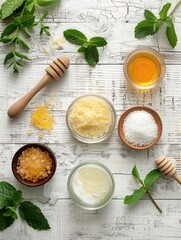 Wall Mural - A table with jars of various ingredients, including honey, salt, and sugar