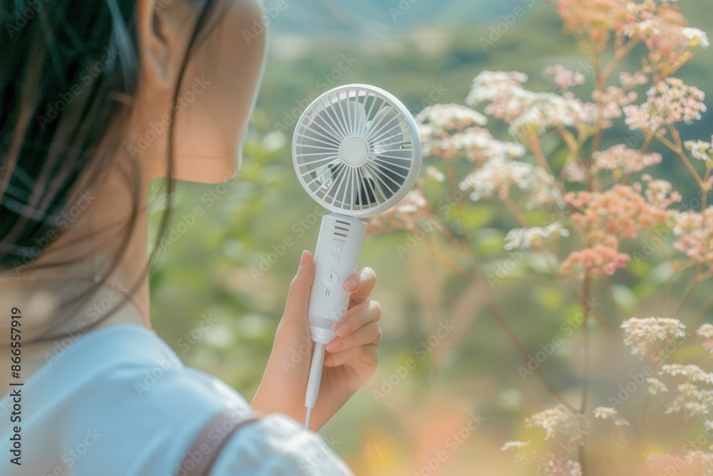 Young woman is holding a portable fan in her hand, enjoying the fresh ...