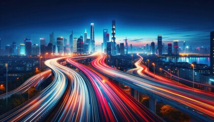 nighttime cityscape with a long exposure of the bustling traffic, showing streaks of light trails fr