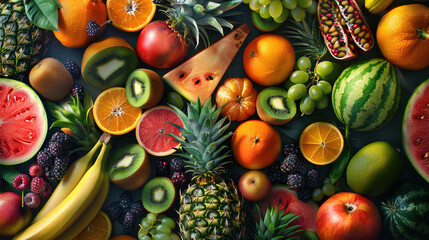 Wall Mural - A flat lay of various healthy foods fresh fruits and vegetables. Vegetables and fruits background. Colorful rainbow of fruits and vegetables. Top view of healthy food background with fruits