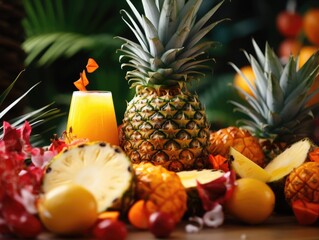 Wall Mural - A table full of fruit including pineapple and oranges