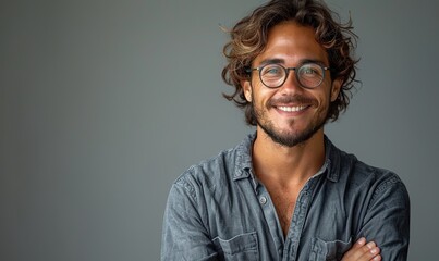 Young handsome smiling businessman in gray shirt and glasses, arms crossed, confident, on white background.