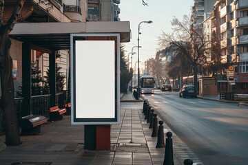 An empty mockup of a Lightbox for information and stop shelter displaying a clear poster in an urban city street. A bus station billboard with blank copy space is displayed in an urban city street.