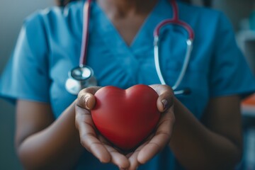 A female doctor holds out her hands with the heart in them, in a closeup of her chest and stethoscope on a dark background. The word 