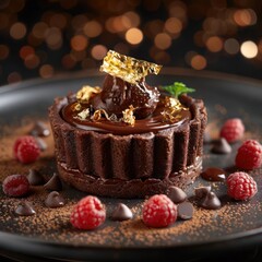 Wall Mural - A chocolate tartlet with a glossy chocolate filling and gold leaf garnish