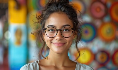 Standing in front of vibrant colors, a professional woman smiles, conveying joy and confidence through her expression.