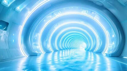 Poster - A 3D rendering of a futuristic tunnel with circular lighting, creating a sense of depth and perspective. The light reflects off the smooth surface, casting a blue glow throughout the space.