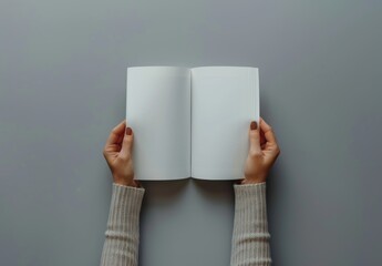 Poster - Top view of a woman holding a brochure with blank pages on a grey background. Design mockup