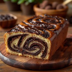 A slice of chocolate babka with swirls of chocolate filling