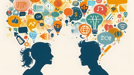 Poster -  two people engaged in a lively conversation, with speech bubbles filled with symbols and words representing various communication styles, from direct to indirect, assertive to passive