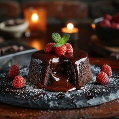 Wall Mural - a delicious serving of dark chocolate lava cake garnished with chocolate ganache fillings