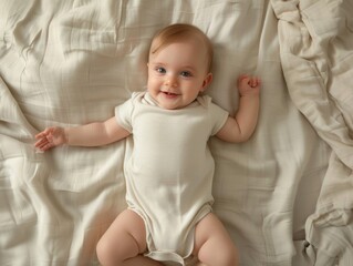 Wall Mural - A baby is laying on a bed with a white blanket