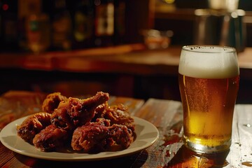 Wall Mural - A plate of fried chicken and a glass of beer sit on a wooden table