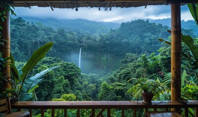 Wall Mural - A stunning view of a lush rainforest canopy with a distant waterfall, viewed from a balcony of an eco-lodge