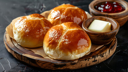 Round bun, bread rolls on wooden plate and strawberry jam with butter.