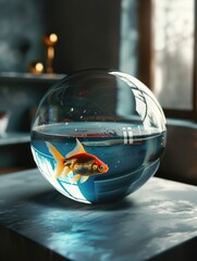 Wall Mural - A goldfish is swimming in a clear glass bowl