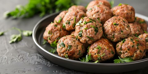 Wall Mural - Lebanese Kibbeh Middle Eastern Meatballs with Herbs, Spices, and Coriander. Concept Middle Eastern Cuisine, Lebanese Kibbeh, Meatball Recipes, Herbs and Spices, Coriander Flavor